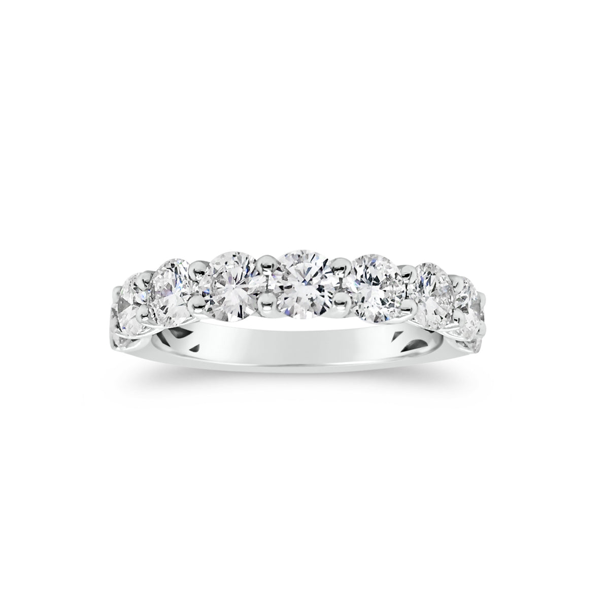 Shared Prong-Set Diamond Wedding Band  -18k gold weighing 3.29 grams  -9 round shared prong-set diamonds 1.68 carats