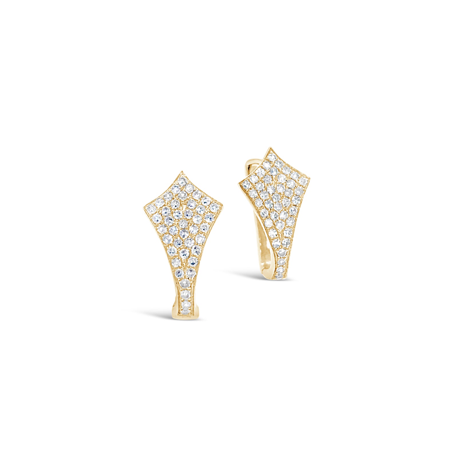 Kite-Shaped Pave Huggie Earrings -14k yellow gold weighing 1.45 grams -82 round diamonds weighing .21 carats