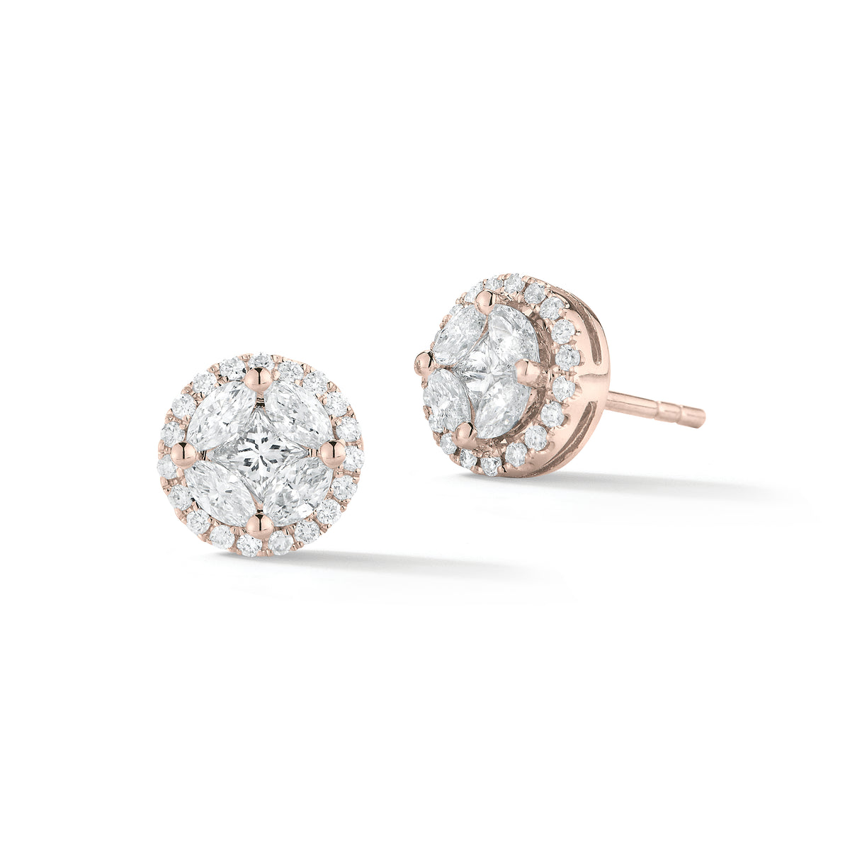 marquise & princess illusion diamond halo studs -18k gold 3.23 grams  -8 marquise prong-set diamonds .48 carats  -2 princess cut diamonds .24 carats  -38 round pave-set diamonds .21 carats.
