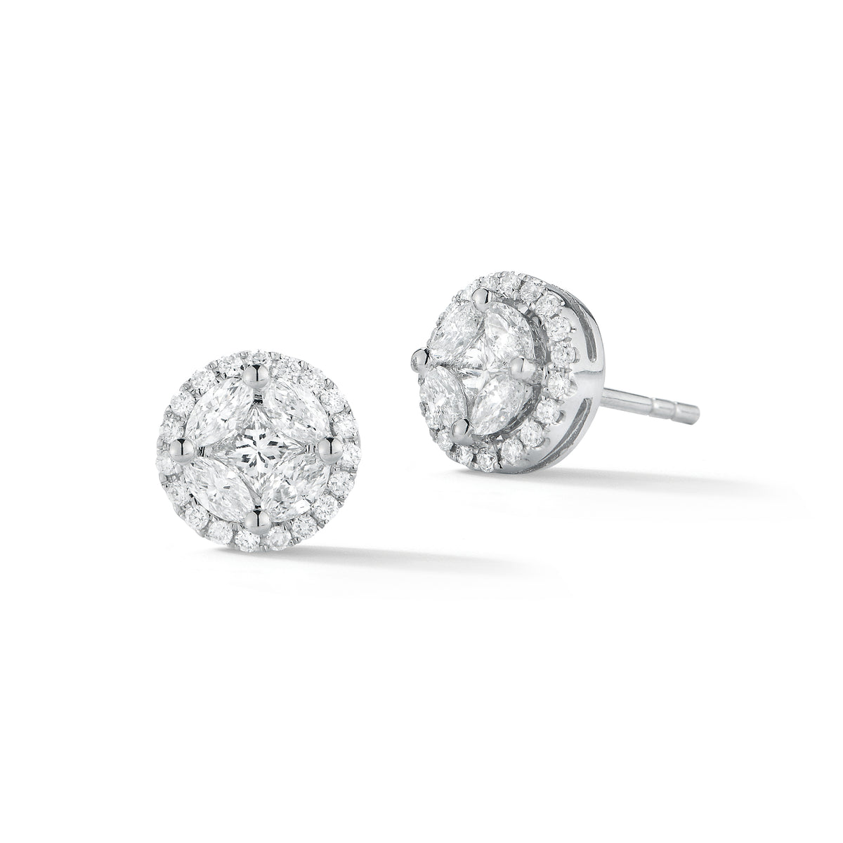 marquise & princess illusion diamond halo studs -18k gold 3.23 grams  -8 marquise prong-set diamonds .48 carats  -2 princess cut diamonds .24 carats  -38 round pave-set diamonds .21 carats.