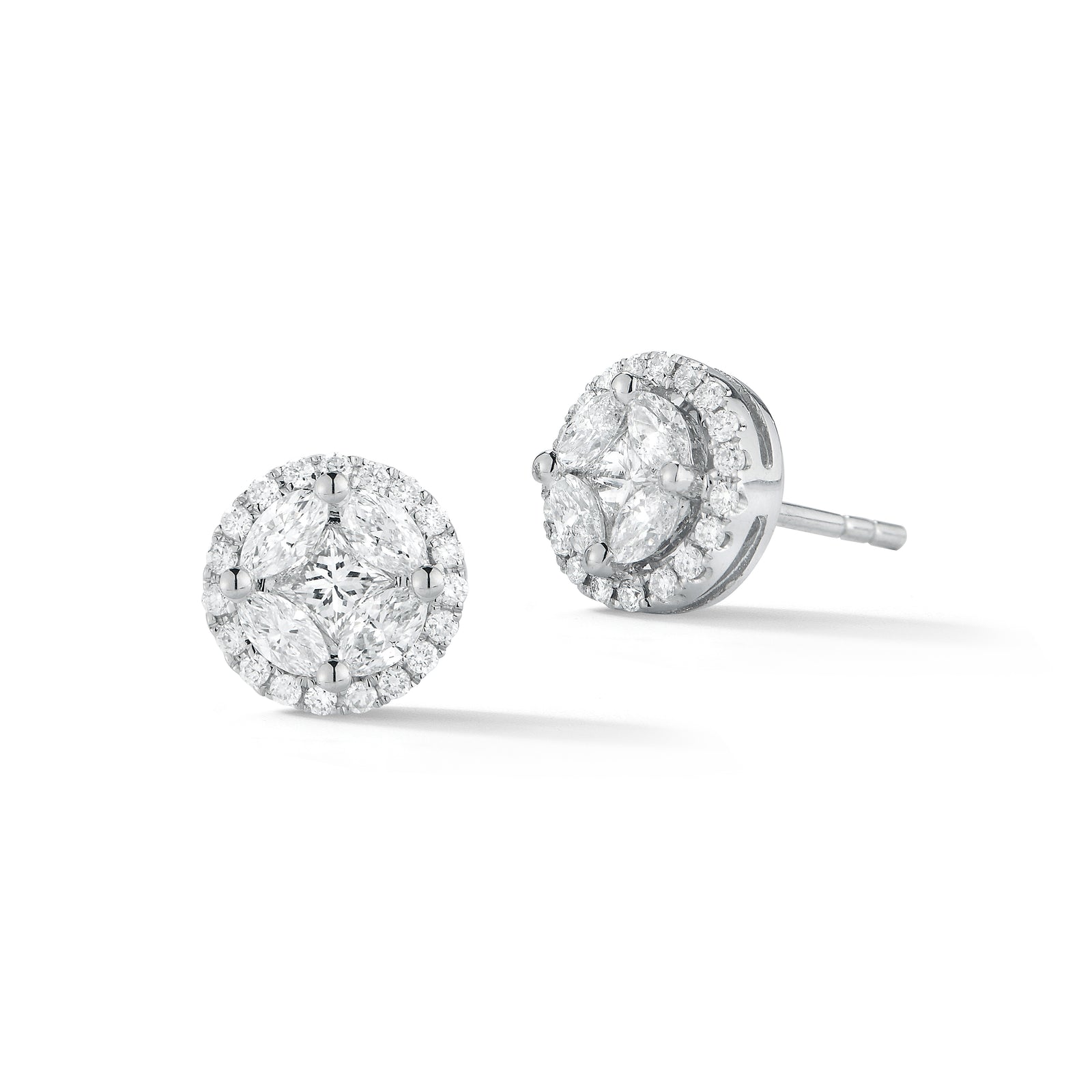 marquise & princess illusion diamond halo studs -18k gold 3.23 grams  -8 marquise prong-set diamonds .48 carats  -2 princess cut diamonds .24 carats  -38 round pave-set diamonds .21 carats.