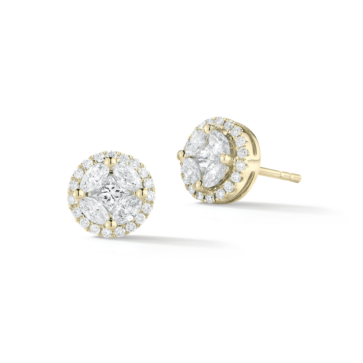 marquise & princess illusion diamond halo studs -18k gold 3.23 grams  -8 marquise prong-set diamonds .48 carats  -2 princess cut diamonds .24 carats  -38 round pave-set diamonds .21 carats.