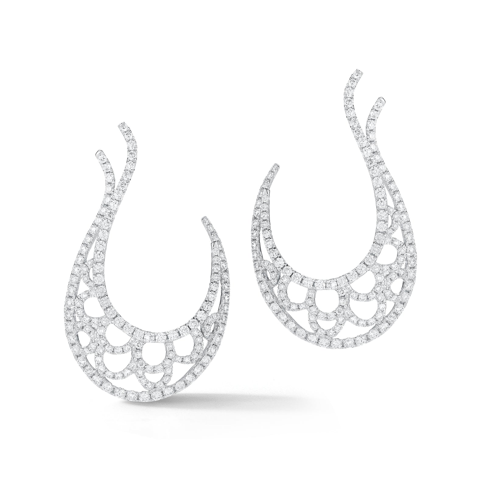 Diamond Scalloped Hook Earrings  -18K gold weighing 7.48 grams  -266 round prong-set diamonds totaling 1.26 carats.Diamond Scalloped Hook Earrings  -18K gold weighing 7.48 grams  -266 round prong-set diamonds totaling 1.26 carats.