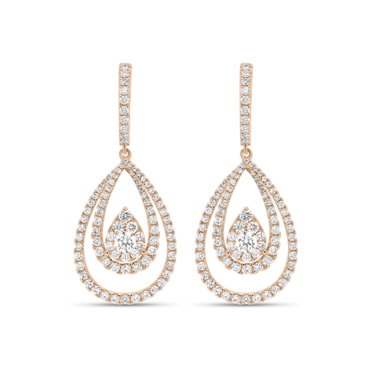 Diamond Layered Teardrop Dangle Earrings  - 18K gold weighing 7.40 grams  - 180 round diamonds totaling 2.20 carats