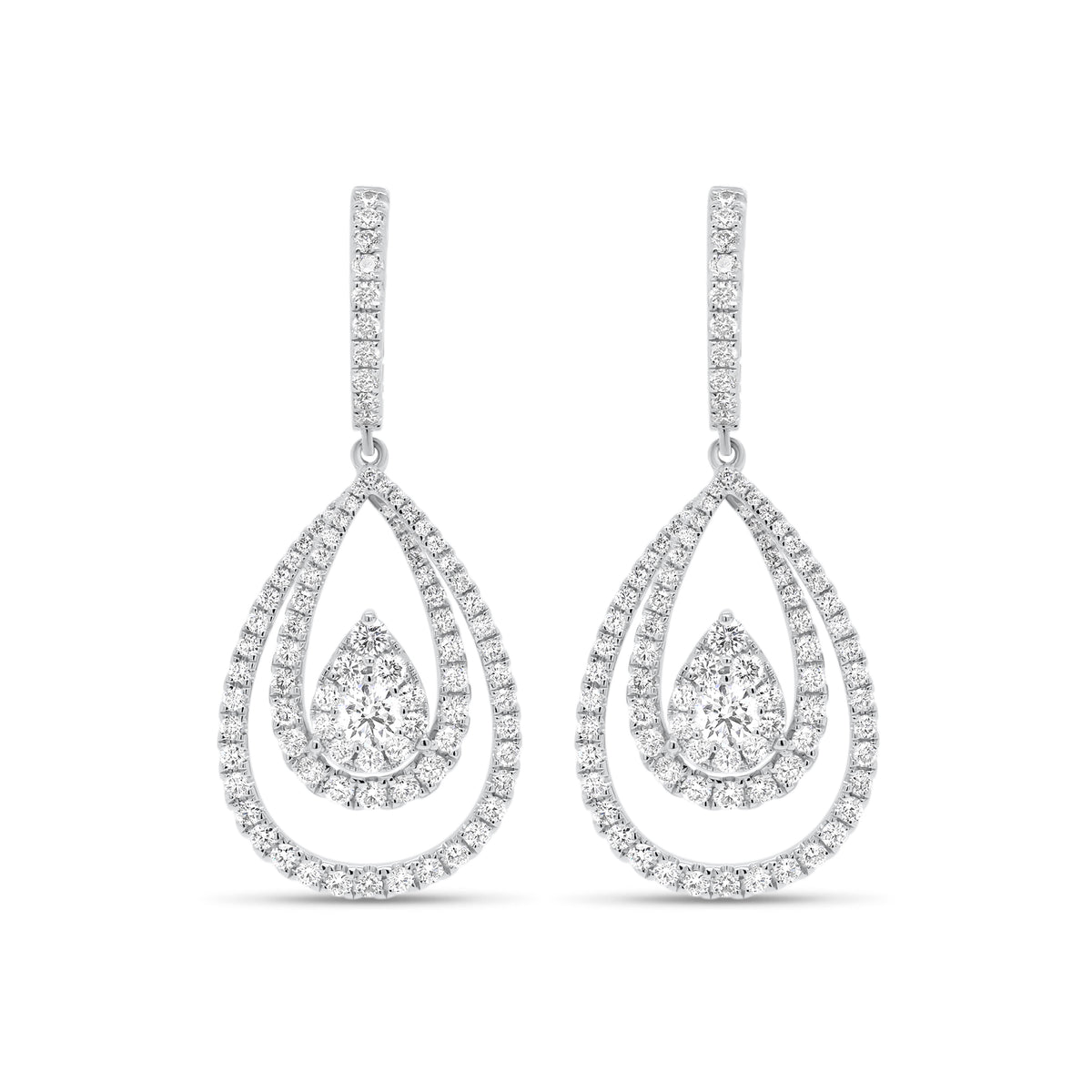 Diamond Layered Teardrop Dangle Earrings  - 18K gold weighing 7.40 grams  - 180 round diamonds totaling 2.20 carats