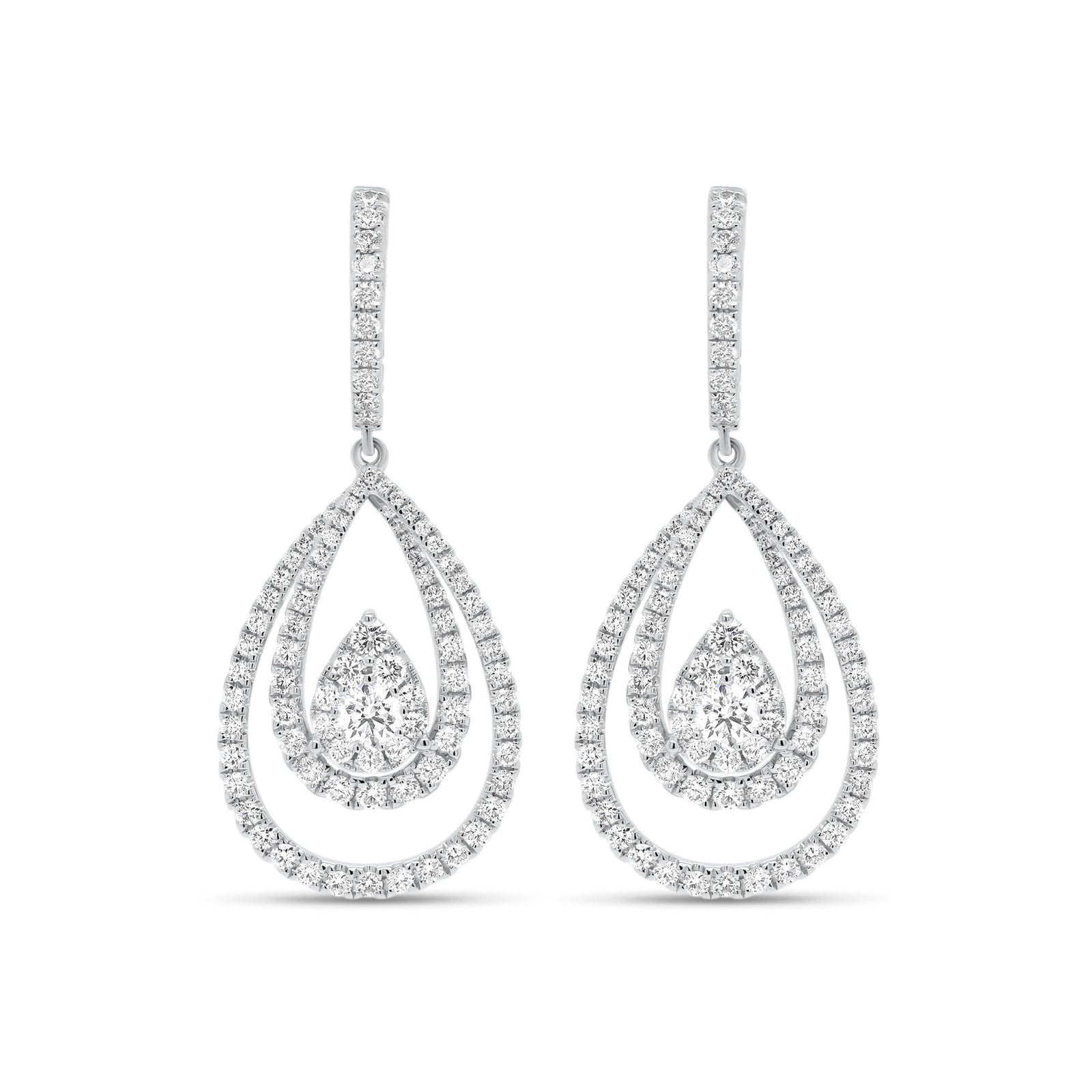 Diamond Layered Teardrop Dangle Earrings  - 18K gold weighing 7.40 grams  - 180 round diamonds totaling 2.20 carats