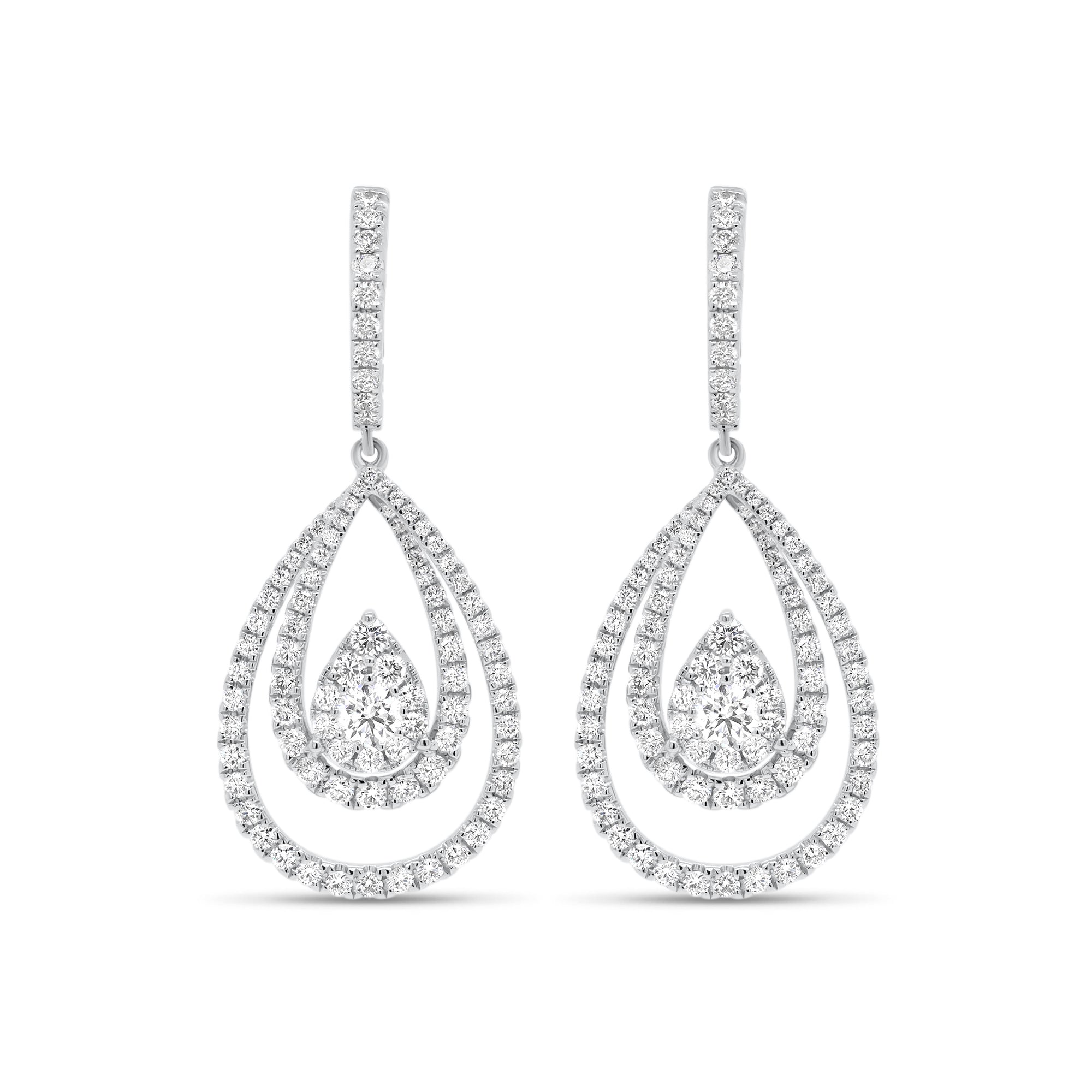 Diamond Layered Teardrop Dangle Earrings  - 18K gold weighing 7.40 grams  - 180 round diamonds totaling 2.20 carats