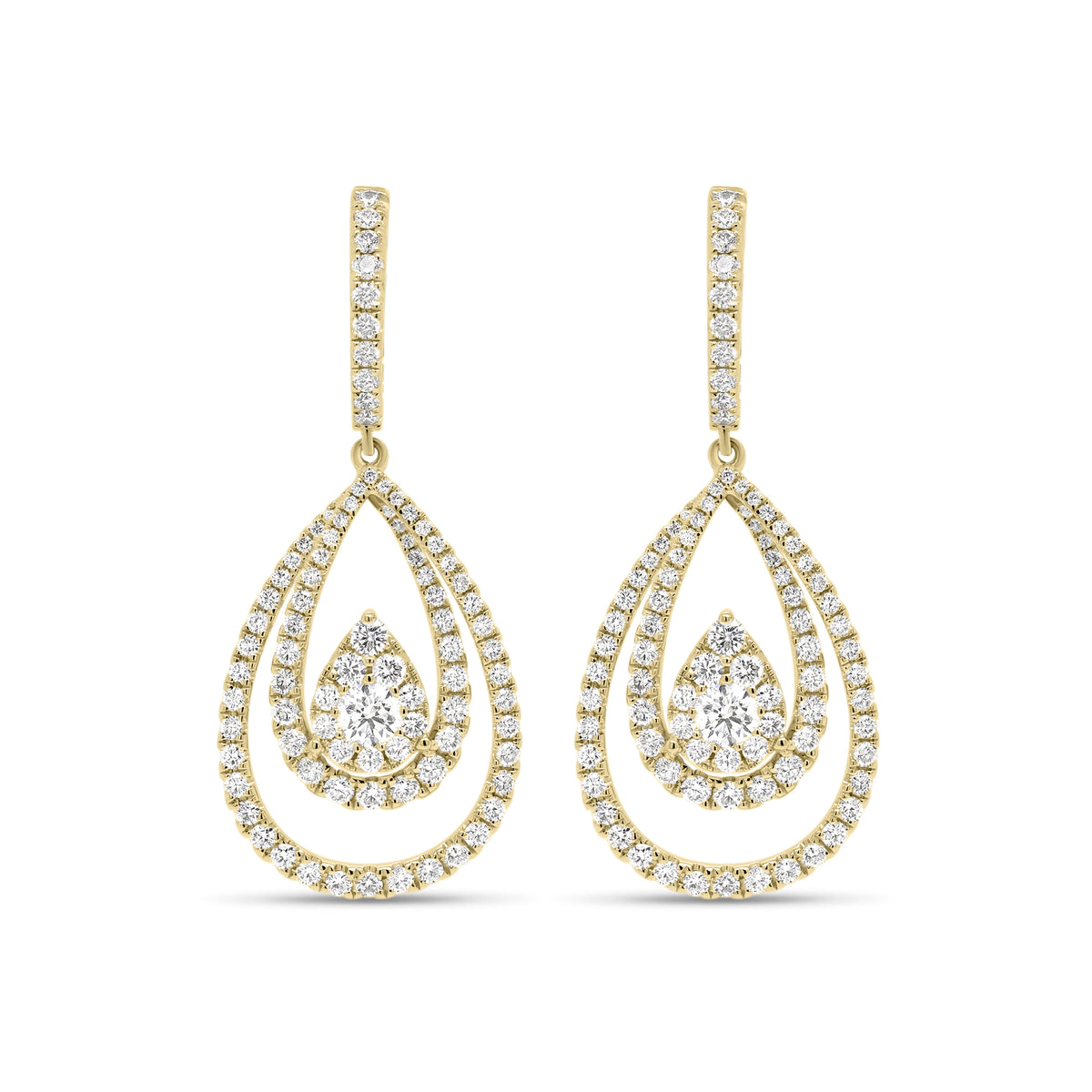 Diamond Layered Teardrop Dangle Earrings  - 18K gold weighing 7.40 grams  - 180 round diamonds totaling 2.20 carats