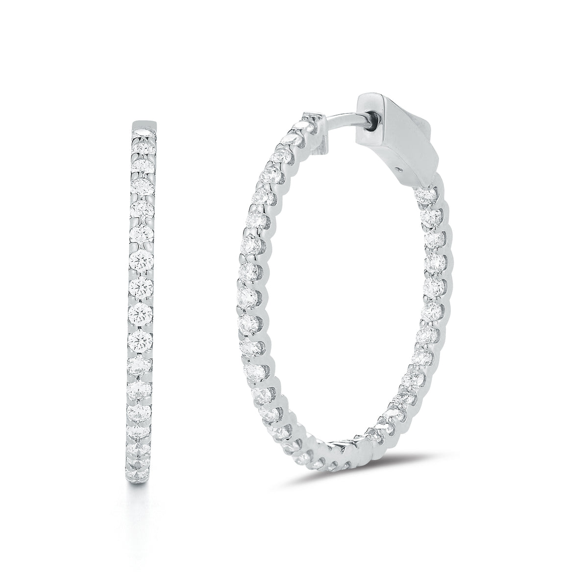 Diamond hoop earrings 1 inch size 14k Gold, 4.40 grams, 66 round prong set diamonds .97 carats.  Earring size 1 inch diameter.