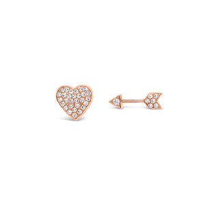 Diamond Heart & Arrow Stud Earrings - 14K gold weighing 1.02 grams - 36 round diamonds totaling 0.10 carats