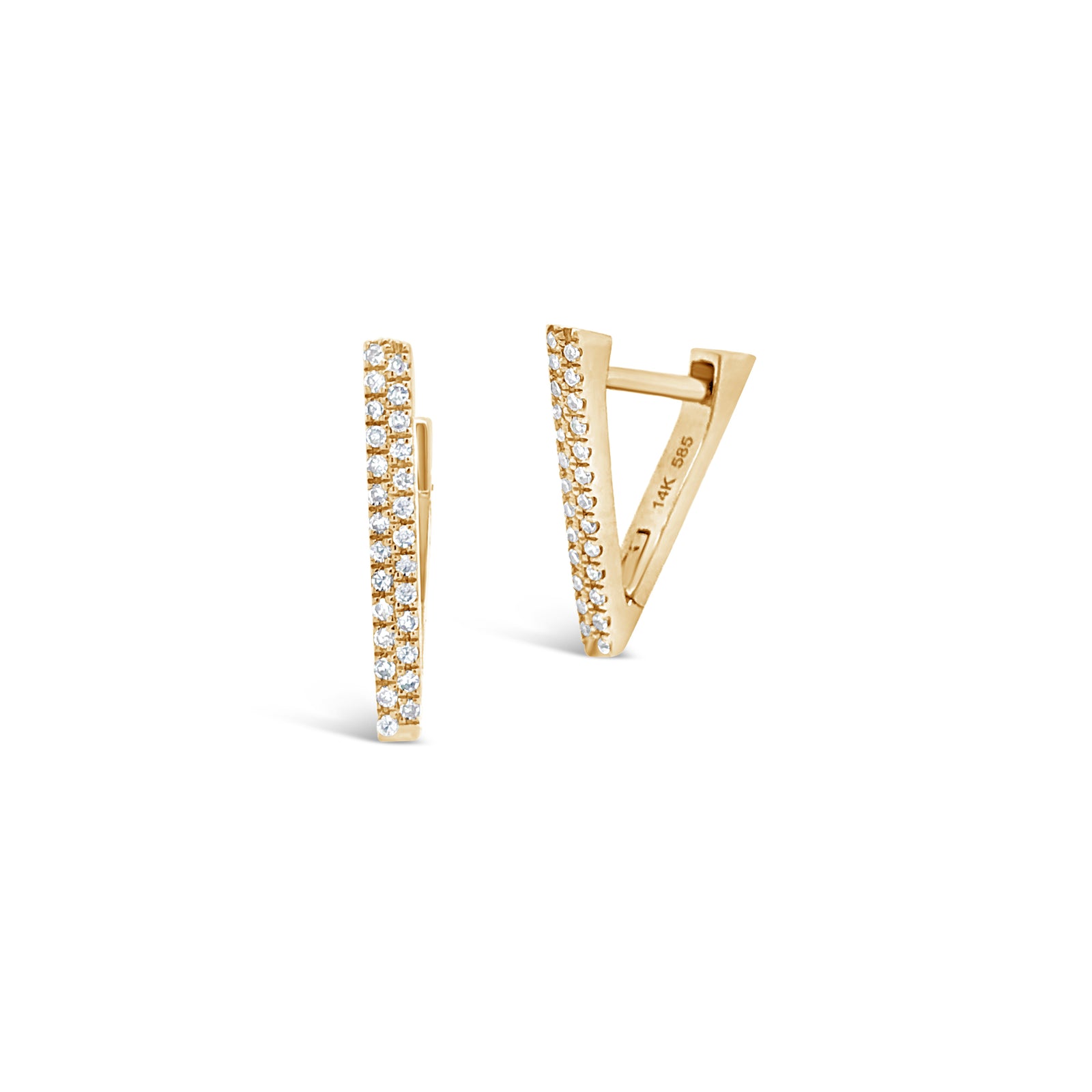 V-shaped diamond huggie earrings -14k gold weighing 2.09 grams  -56 round diamonds weighing .16 carats