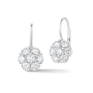 Diamond Classic Cluster Lever-Back Earrings  -14K gold weighing 3.3 grams  -14 round round brilliant-cut diamonds totaling 2.58 carats  Earring size 19.5 millimeters, width 10 millimeters.
