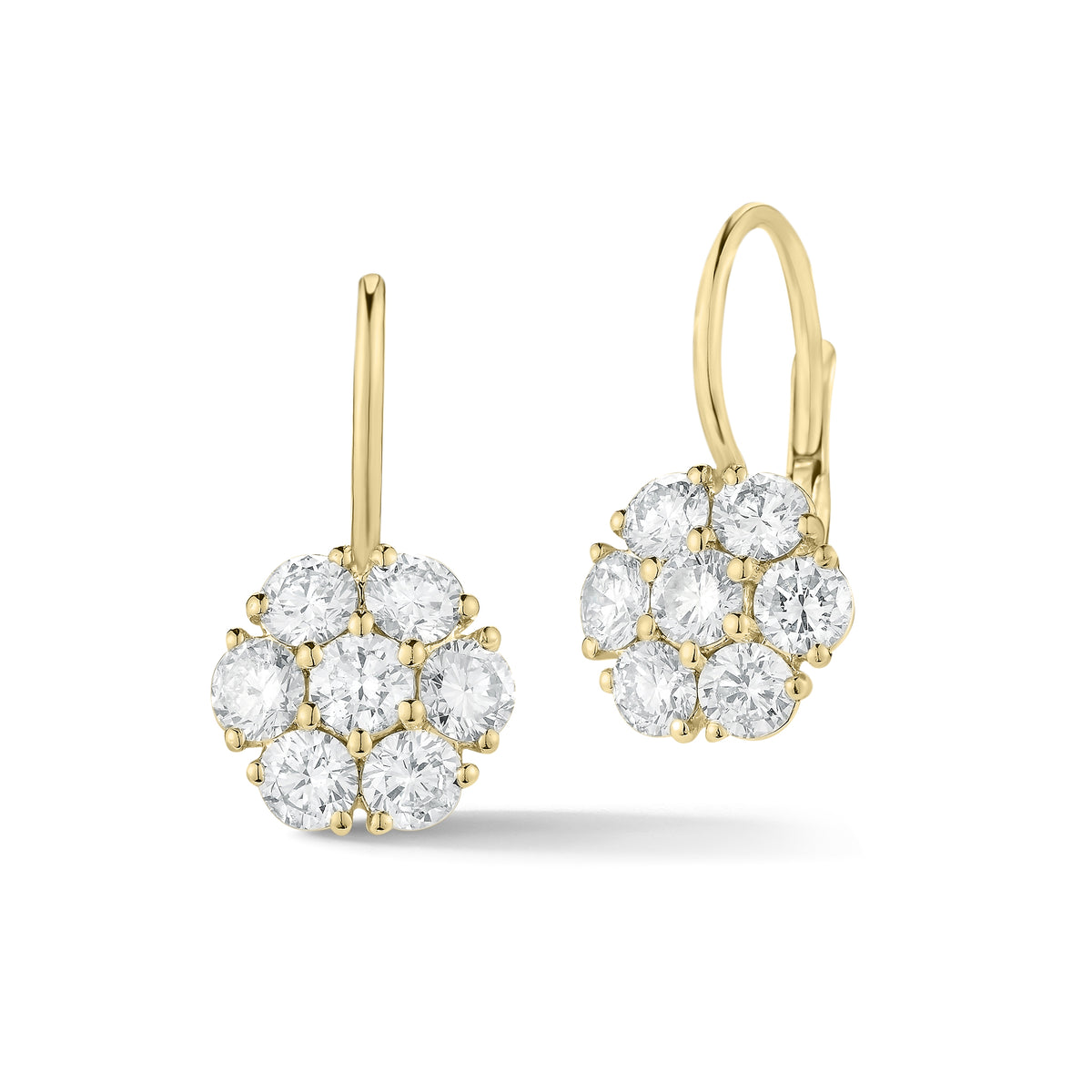 Diamond Classic Cluster Lever-Back Earrings  -14K gold weighing 3.3 grams  -14 round round brilliant-cut diamonds totaling 2.58 carats  Earring size 19.5 millimeters, width 10 millimeters.