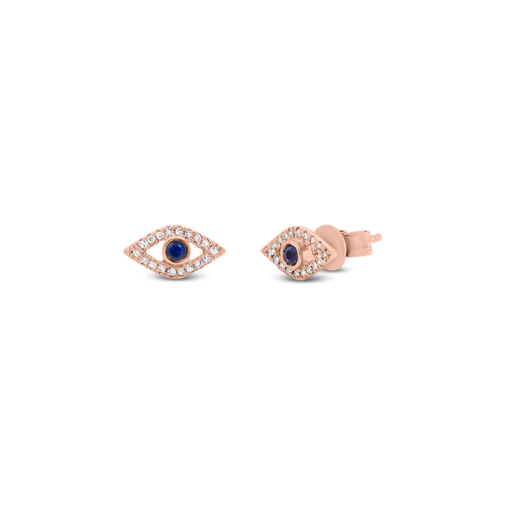 Diamond & Sapphire Evil Eye Stud Earrings - 14K yellow gold weighing 1.20 grams - 36 round diamonds totaling 0.07 carats - 2 sapphires totaling 0.10 carats.