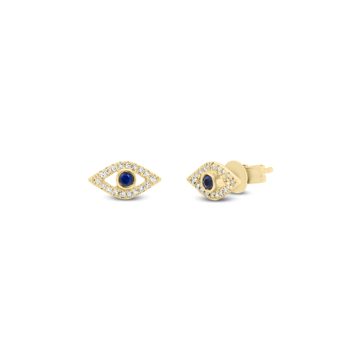Diamond & Sapphire Evil Eye Stud Earrings - 14K yellow gold weighing 1.20 grams - 36 round diamonds totaling 0.07 carats - 2 sapphires totaling 0.10 carats.