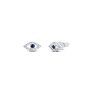 Diamond & Sapphire Evil Eye Stud Earrings - 14K white gold weighing 1.20 grams - 36 round diamonds totaling 0.07 carats - 2 sapphires totaling 0.10 carats.