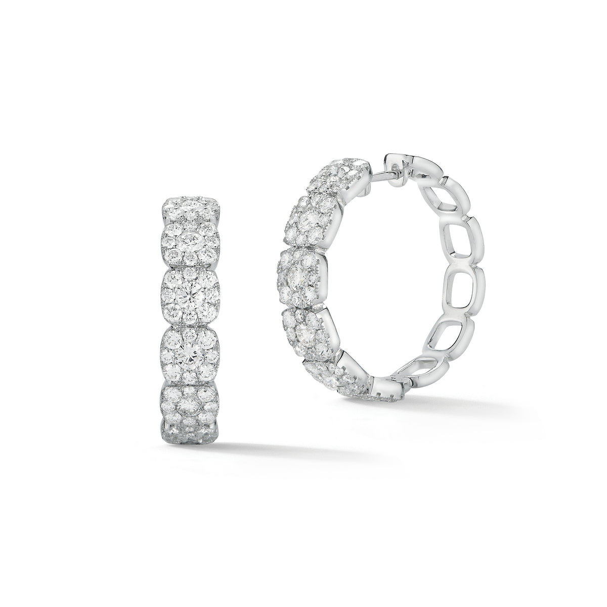 Cushion halo diamond hoop earrings 18k gold, 10.88 grams, 12 round shared prong-set diamonds 1.56 carats, 96 round shared prong-set diamonds 2.43 carats.  Earring size 28 millimeter diameter, 6.7 millimeter width.