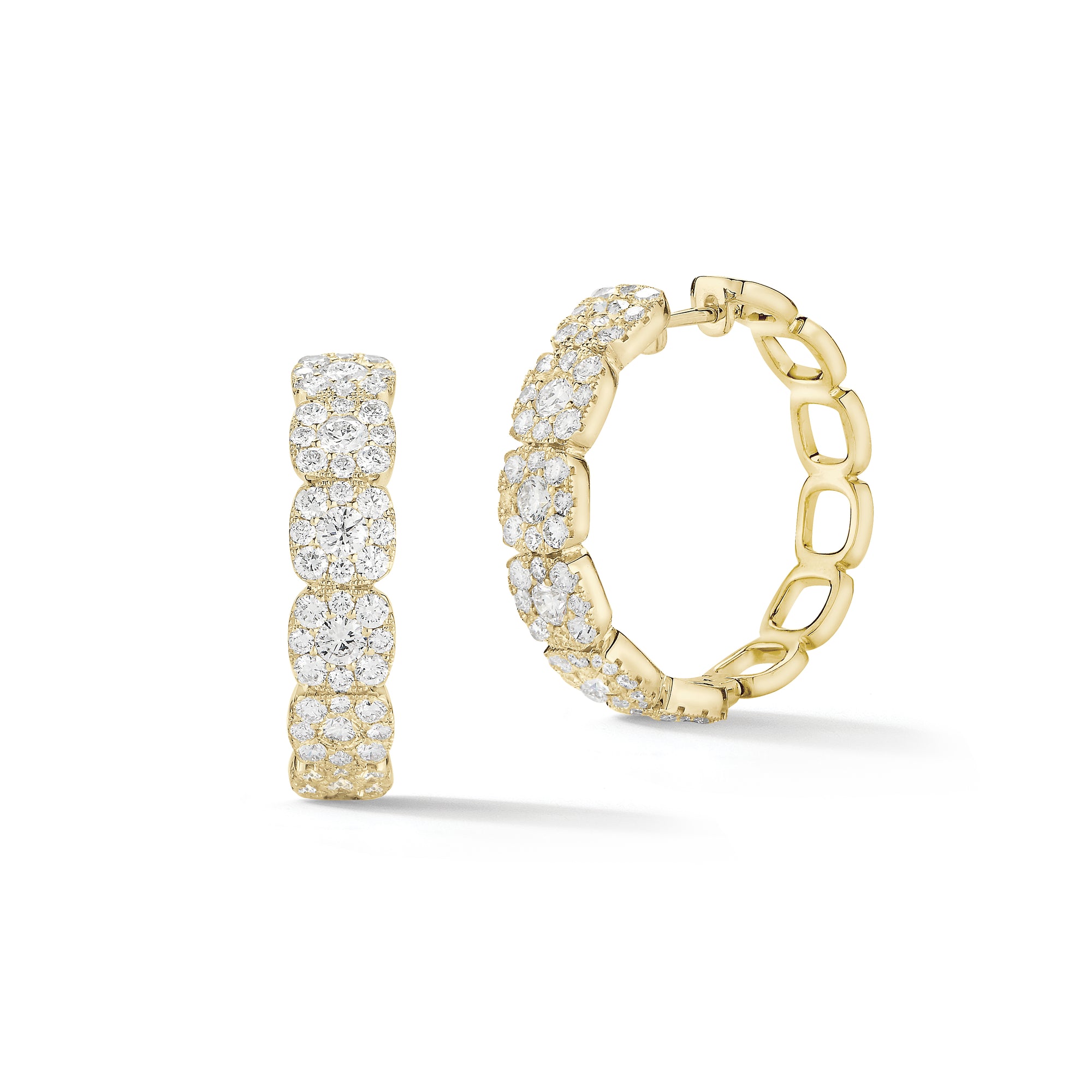 Cushion halo diamond hoop earrings 18k gold, 10.88 grams, 12 round shared prong-set diamonds 1.56 carats, 96 round shared prong-set diamonds 2.43 carats.  Earring size 28 millimeter diameter, 6.7 millimeter width.