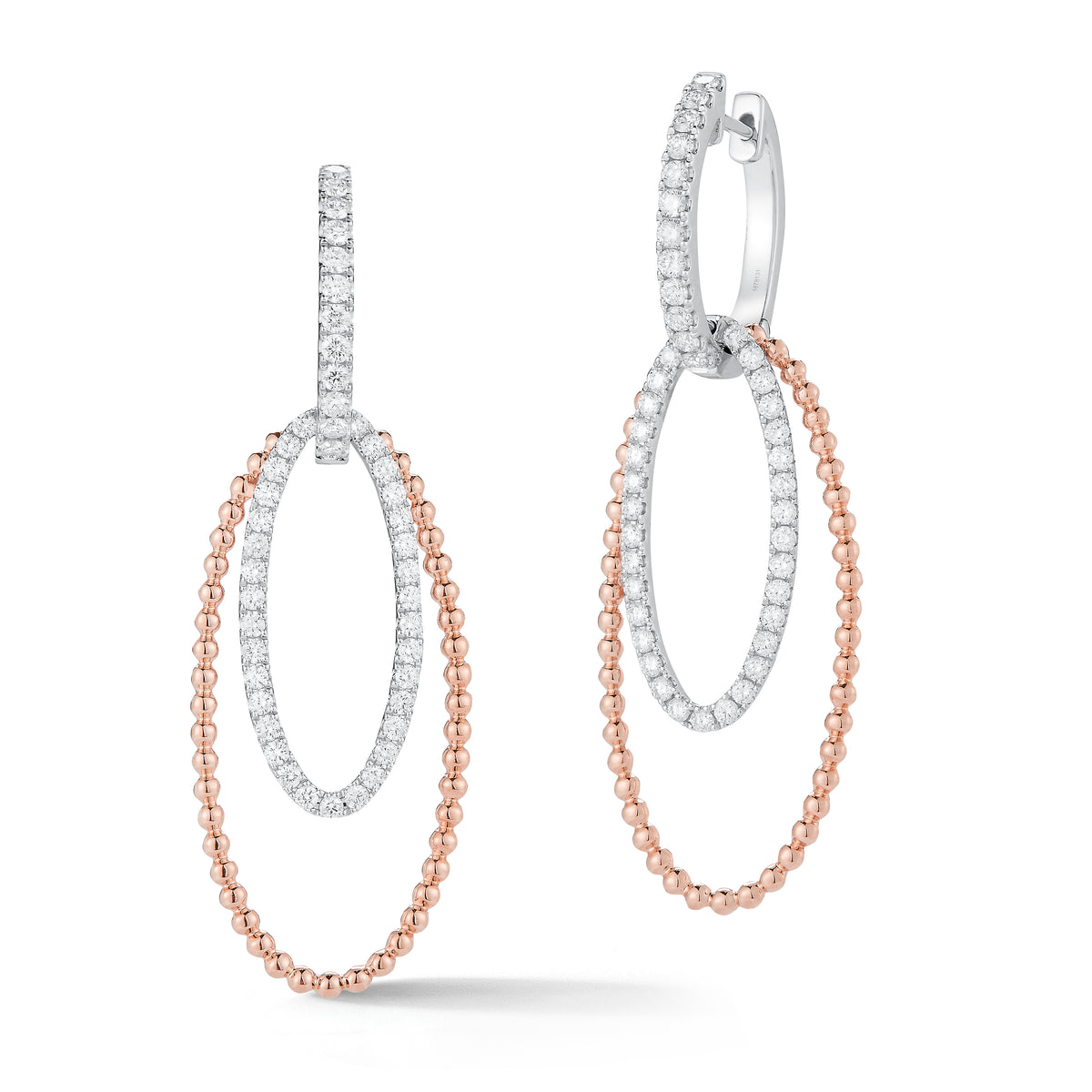 Diamond two-tone hoop earrings -18K gold weighing 7.81 grams  -90 round shared prong-set diamonds totaling 0.95 carats.  Earring size 21 millimeters, width 10 millimeters.