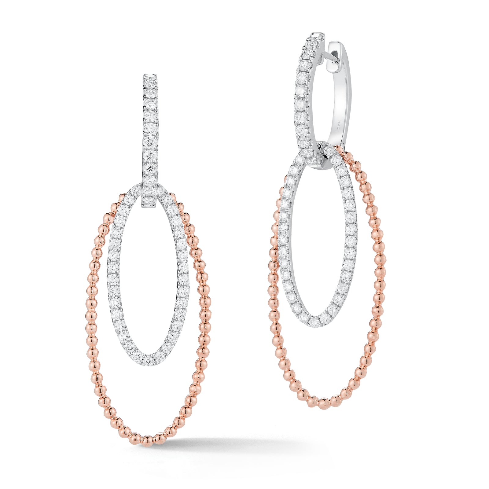 Diamond two-tone hoop earrings -18K gold weighing 7.81 grams  -90 round shared prong-set diamonds totaling 0.95 carats.  Earring size 21 millimeters, width 10 millimeters.