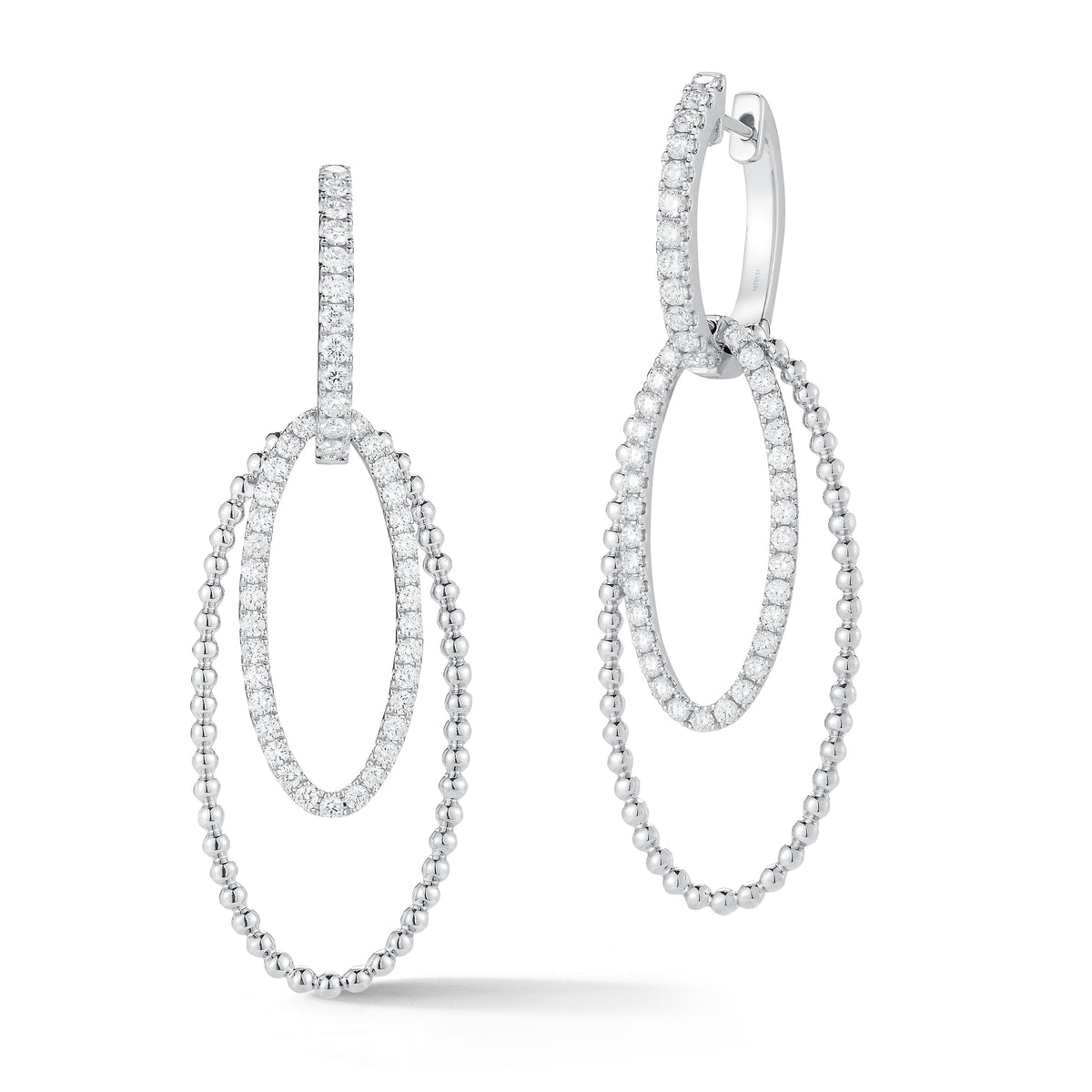 Diamond two-tone hoop earrings -18K gold weighing 7.81 grams  -90 round shared prong-set diamonds totaling 0.95 carats.  Earring size 21 millimeters, width 10 millimeters.