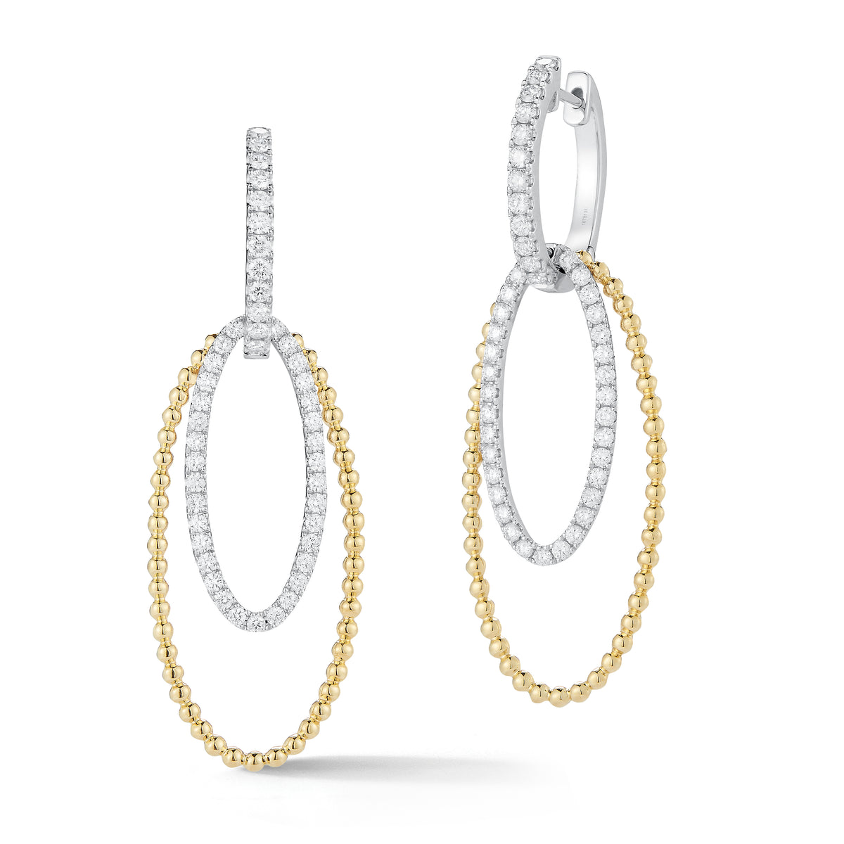 Diamond two-tone hoop earrings -18K gold weighing 7.81 grams  -90 round shared prong-set diamonds totaling 0.95 carats.  Earring size 21 millimeters, width 10 millimeters.