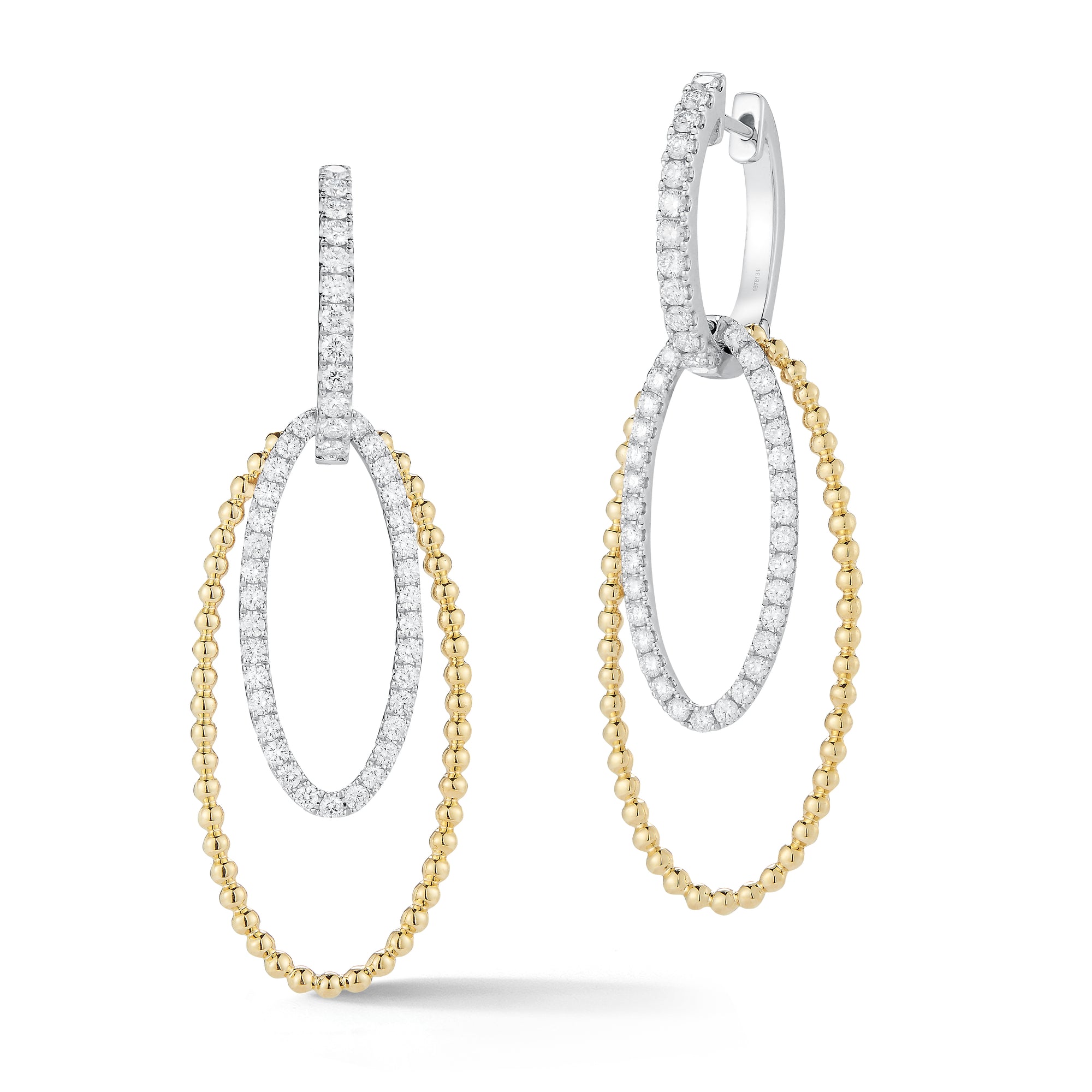 Diamond two-tone hoop earrings -18K gold weighing 7.81 grams  -90 round shared prong-set diamonds totaling 0.95 carats.  Earring size 21 millimeters, width 10 millimeters.