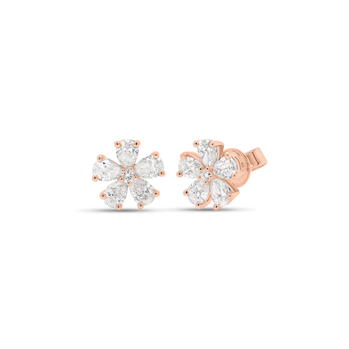 Diamond Flower Stud Earrings - 18K rose gold weighing 2.09 grams  - 10 pear-shaped diamonds weighing 1.36 carats  - 2 round diamonds weighing 0.04 carats