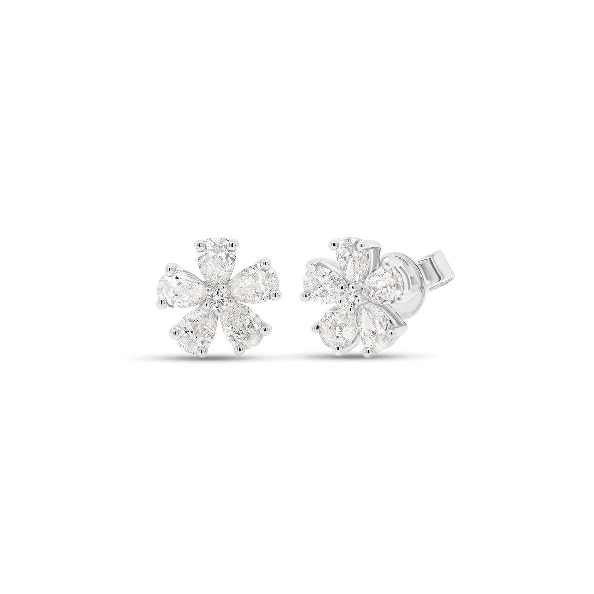 Diamond Flower Stud Earrings - 18K white gold weighing 2.09 grams  - 10 pear-shaped diamonds weighing 1.36 carats  - 2 round diamonds weighing 0.04 carats