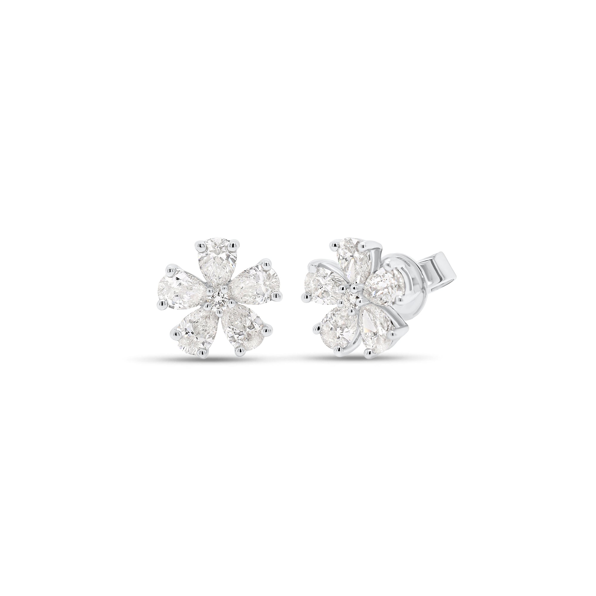 Diamond Flower Stud Earrings - 18K white gold weighing 2.09 grams  - 10 pear-shaped diamonds weighing 1.36 carats  - 2 round diamonds weighing 0.04 carats