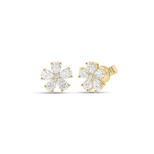 Diamond Flower Stud Earrings - 18K yellow gold weighing 2.09 grams  - 10 pear-shaped diamonds weighing 1.36 carats  - 2 round diamonds weighing 0.04 carats