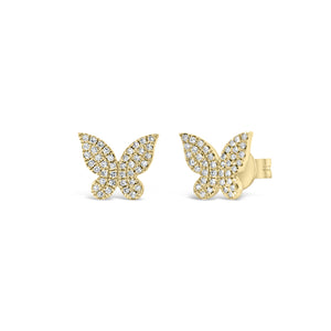 Pave Diamond Butterfly Stud Earrings - 14K yellow gold weighing 1.12 grams - 72 round diamonds totaling 0.16 carats.
