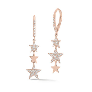 Diamond Triple Star Dangle Earrings -14K gold weighing 2.44 grams -128 round pave-set diamonds totaling 0.28 carats