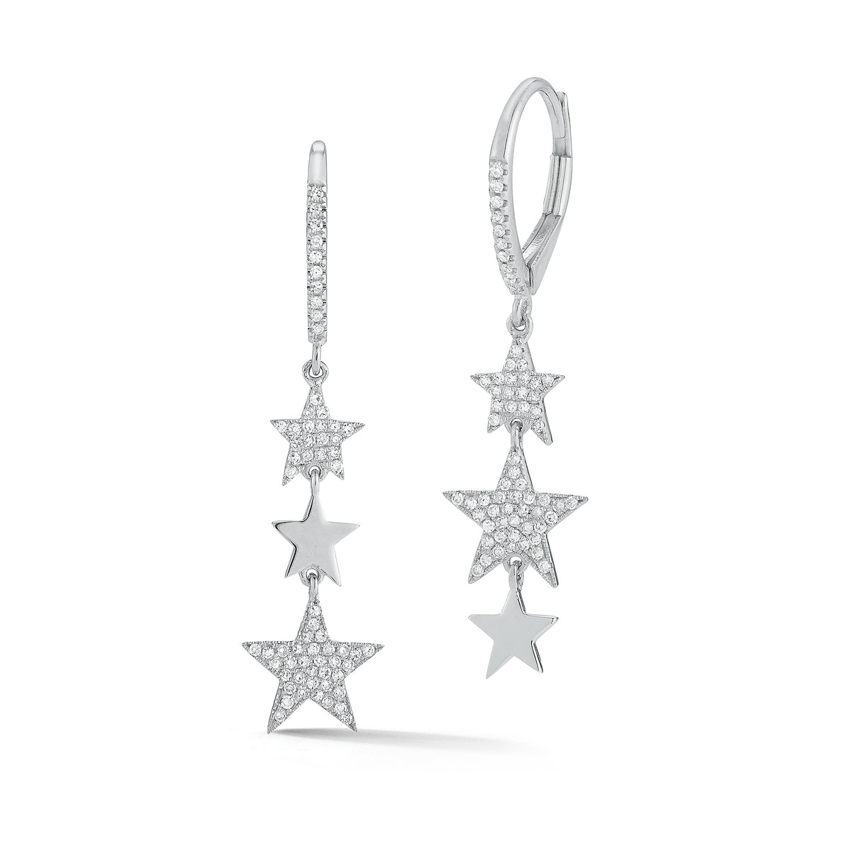 Diamond Triple Star Dangle Earrings -14K gold weighing 2.44 grams  -128 round pave-set diamonds totaling 0.28 carats
