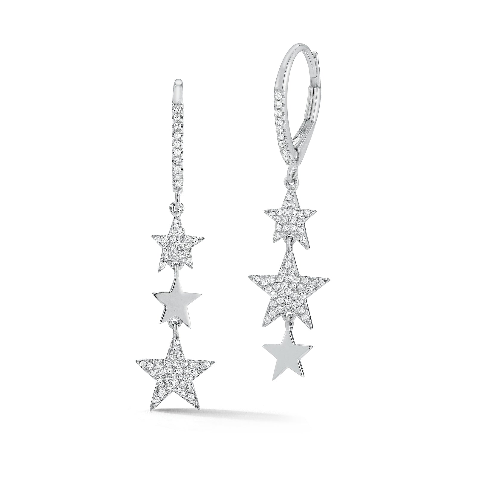 Diamond Triple Star Dangle Earrings -14K gold weighing 2.44 grams  -128 round pave-set diamonds totaling 0.28 carats