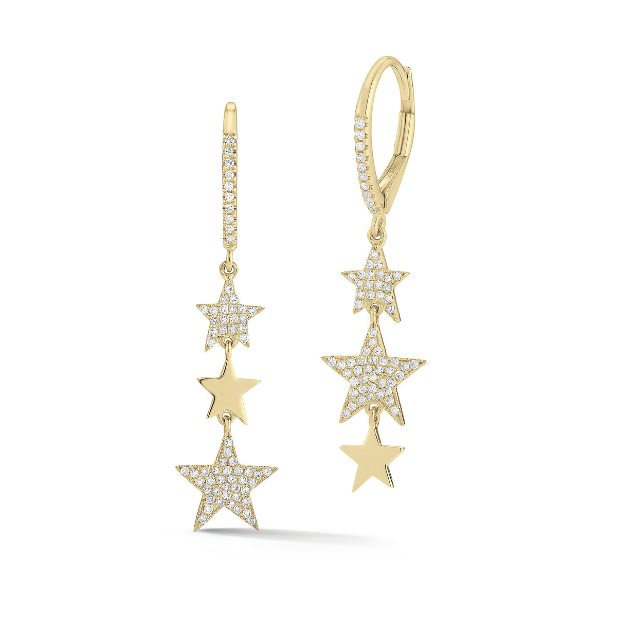 Diamond Triple Star Dangle Earrings -14K gold weighing 2.44 grams -128 round pave-set diamonds totaling 0.28 carats
