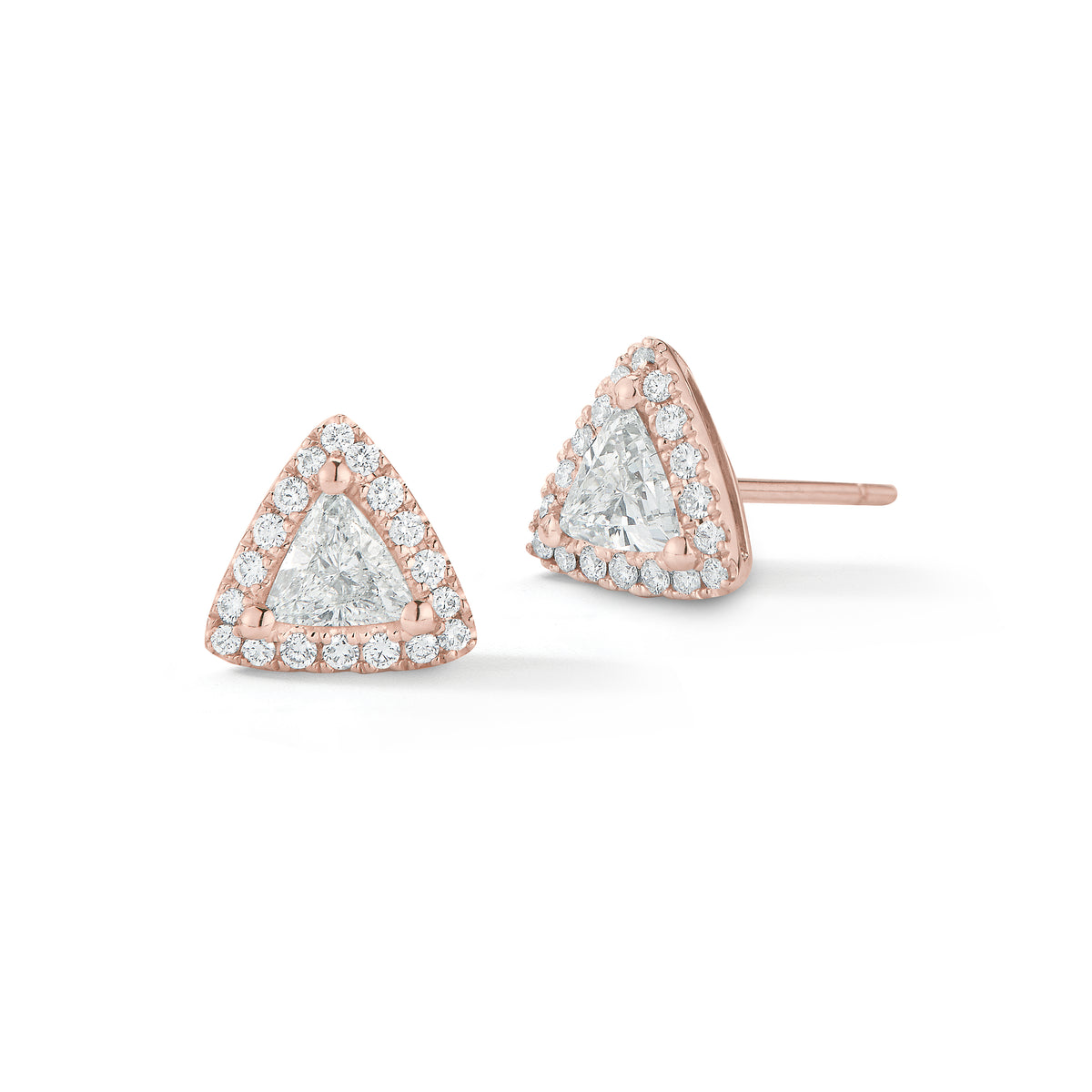 triangle-shaped diamond earrings 18k gold, 2.61 grams, 36 round shared prong-set diamonds .20 carats, 2 triangle prong-set brilliant diamonds .59 carats.