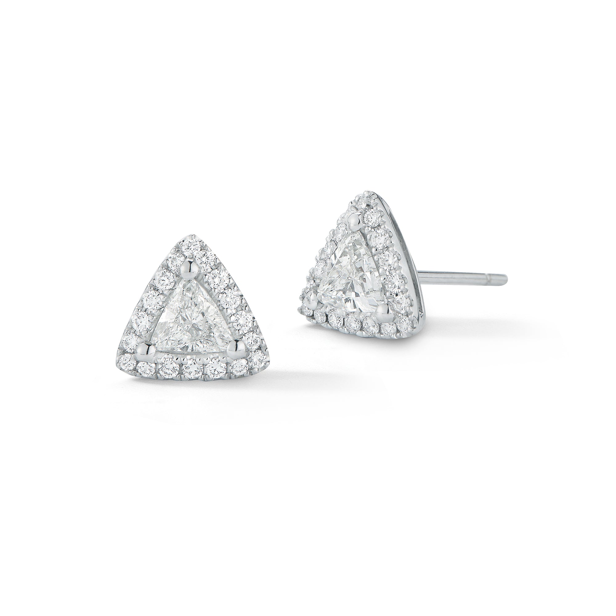 triangle-shaped diamond earrings 18k gold, 2.61 grams, 36 round shared prong-set diamonds .20 carats, 2 triangle prong-set brilliant diamonds .59 carats.