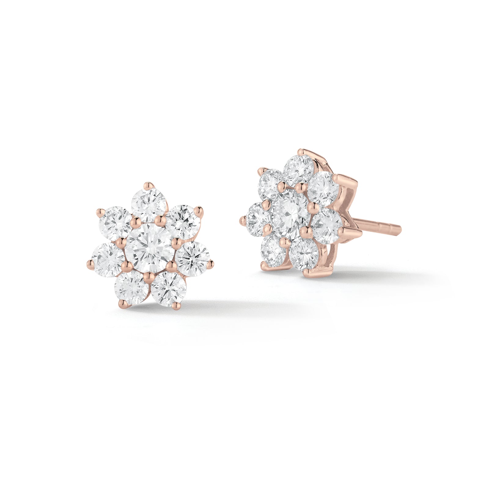 diamond flower stud earrings  crafted with 18k gold, 2.65 grams, 14 round shared prong-set diamonds 1.0 carats, 2 round shared prong-set diamonds .41 carats, post closure.
