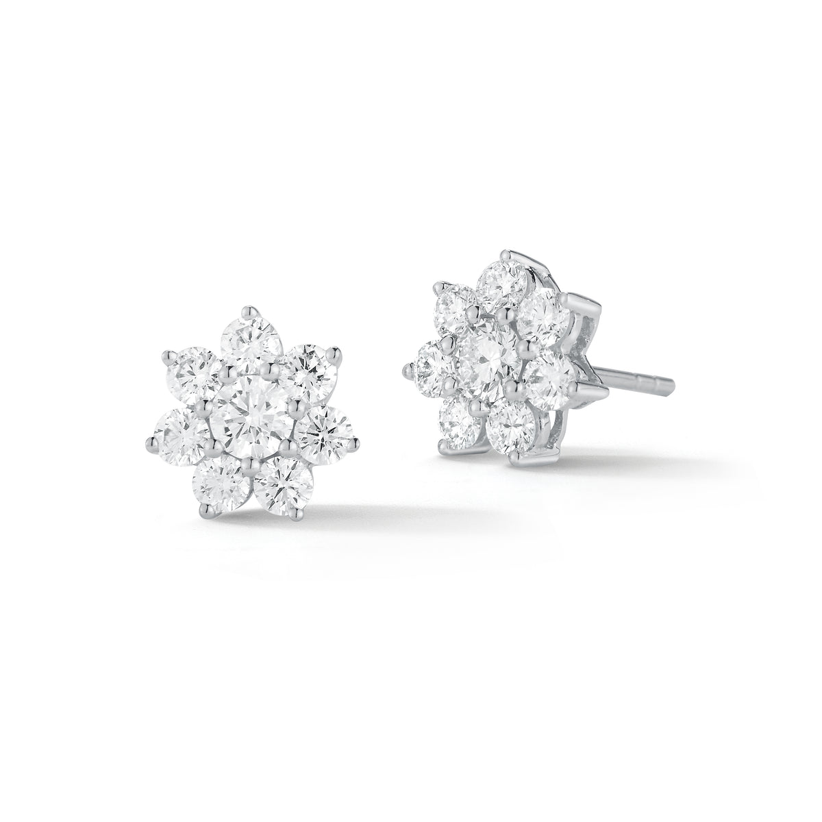diamond flower stud earrings  crafted with 18k gold, 2.65 grams, 14 round shared prong-set diamonds 1.0 carats, 2 round shared prong-set diamonds .41 carats, post closure.