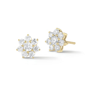 diamond flower stud earrings  crafted with 18k gold, 2.65 grams, 14 round shared prong-set diamonds 1.0 carats, 2 round shared prong-set diamonds .41 carats, post closure.