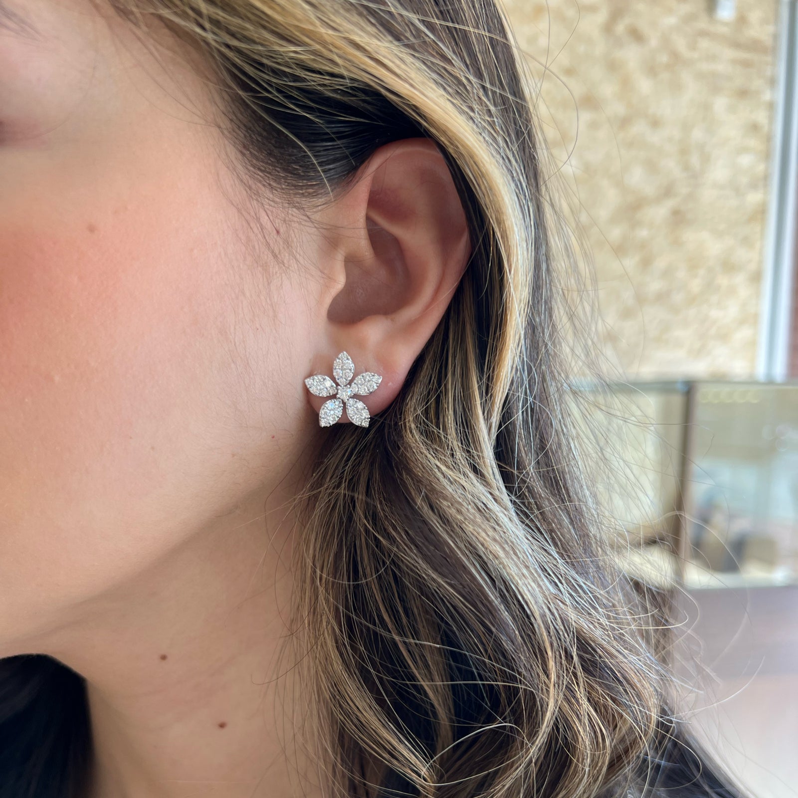 diamond bloom stud earrings -18K gold weighing 5.06 grams  -72 round diamonds totaling 1.93 carats