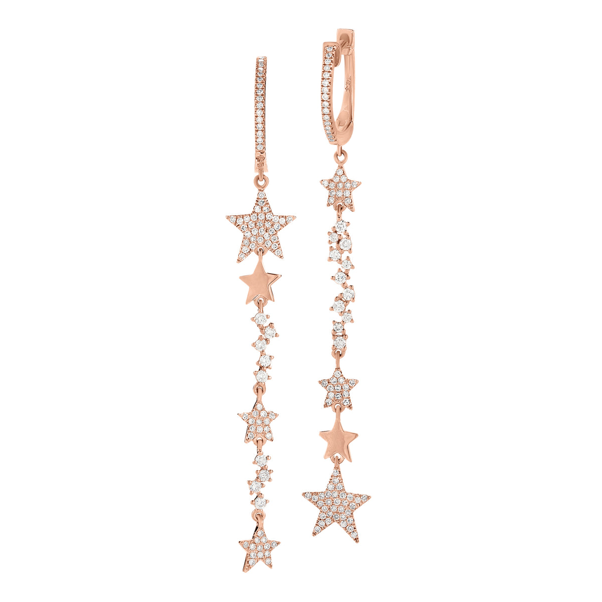 Diamond Dangling Star Earrings  -14K gold weighing 2.22 grams  -170 round pave-set diamonds totaling 0.55 carats.