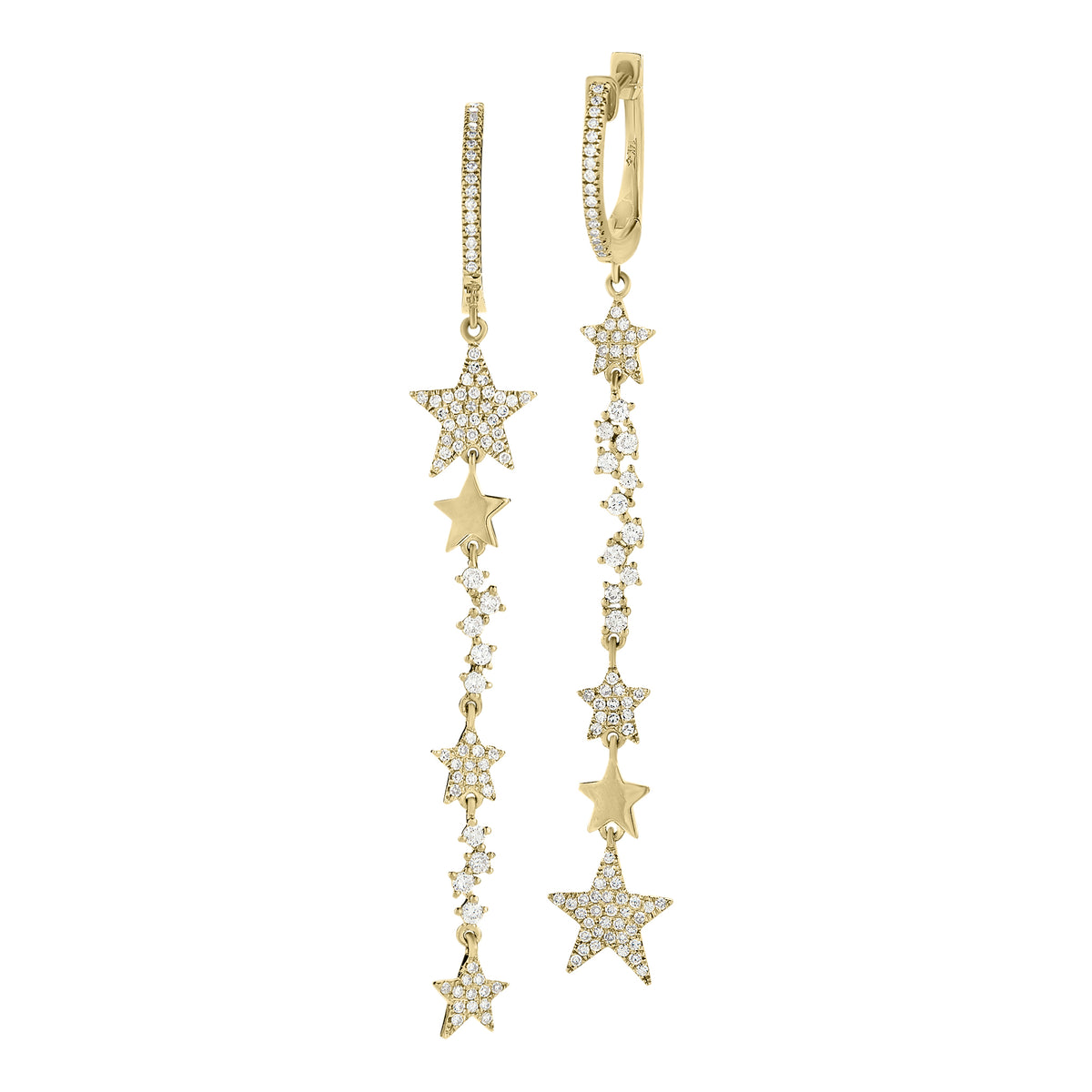 Diamond Dangling Star Earrings  -14K gold weighing 2.22 grams  -170 round pave-set diamonds totaling 0.55 carats.