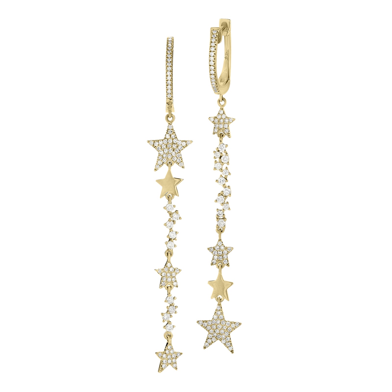 Diamond Dangling Star Earrings  -14K gold weighing 2.22 grams  -170 round pave-set diamonds totaling 0.55 carats.