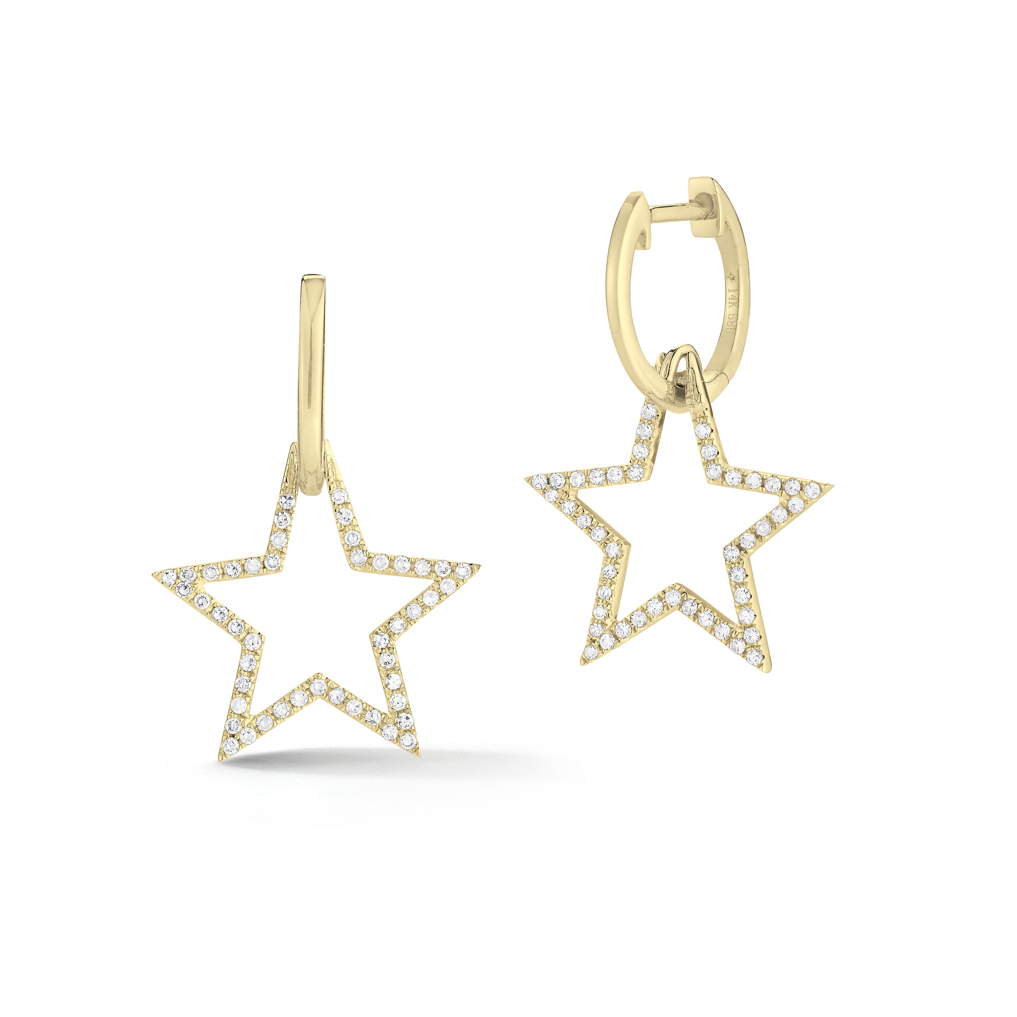 DIamond Star Cutout Dangle Earrings -14K gold weighing 2.72 grams -94 round prong-set diamonds totaling 0.28 carats.