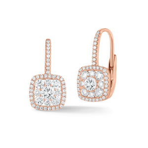 Diamond Cushion Cluster Lever-Back Earrings  -18K gold weighing 5.01 grams  -90 round shared prong-set diamonds totaling 1.13 carats  -2 round prong-set brilliant diamonds totaling 0.46 carats.