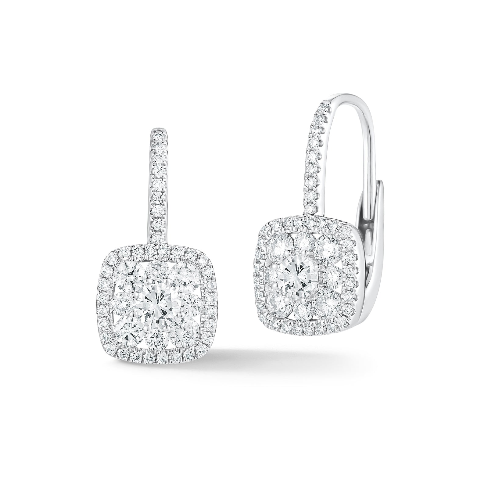 Diamond Cushion Cluster Lever-Back Earrings  -18K gold weighing 5.01 grams  -90 round shared prong-set diamonds totaling 1.13 carats  -2 round prong-set brilliant diamonds totaling 0.46 carats.