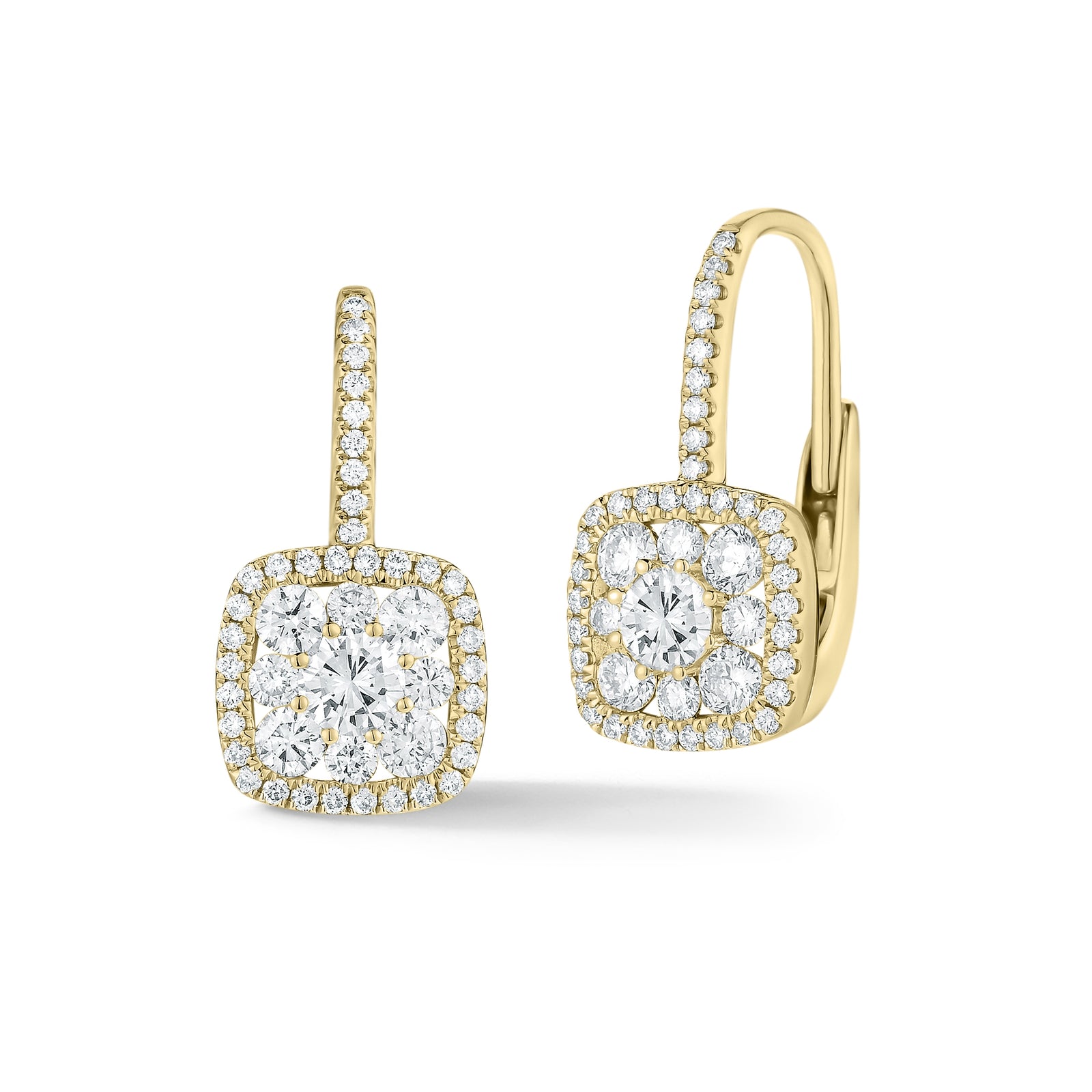 Diamond Cushion Cluster Lever-Back Earrings  -18K gold weighing 5.01 grams  -90 round shared prong-set diamonds totaling 1.13 carats  -2 round prong-set brilliant diamonds totaling 0.46 carats.
