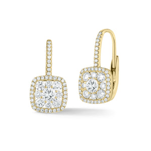 Diamond Cushion Cluster Lever-Back Earrings  -18K gold weighing 5.01 grams  -90 round shared prong-set diamonds totaling 1.13 carats  -2 round prong-set brilliant diamonds totaling 0.46 carats.